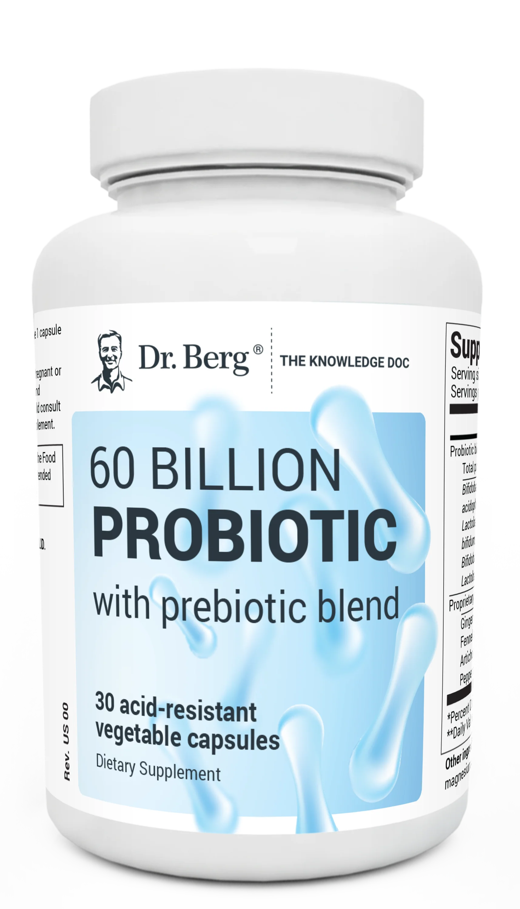 60 Billion Probiotic, 30 acid-resistant vegetable capsules, front view, bottle with Dr. Berg branding.