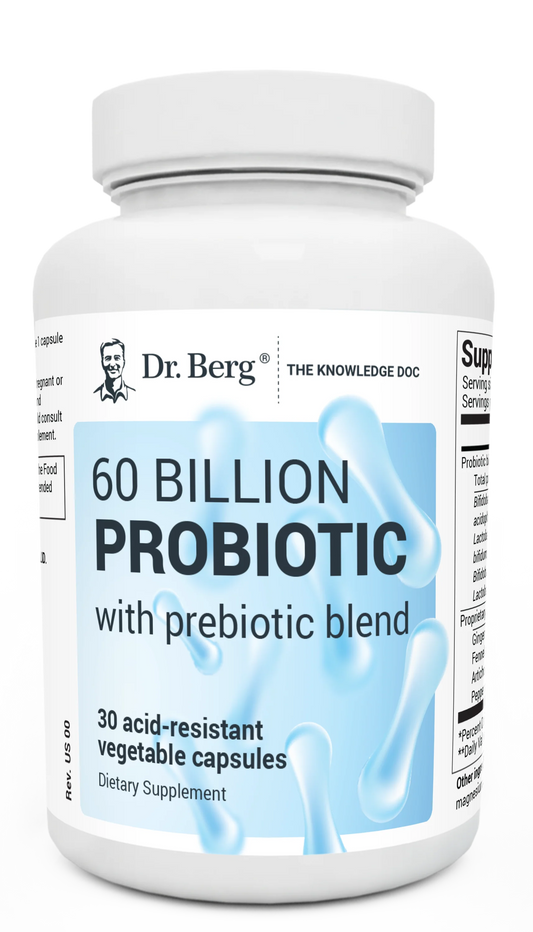 60 Billion Probiotic, 30 acid-resistant vegetable capsules, front view, bottle with Dr. Berg branding.