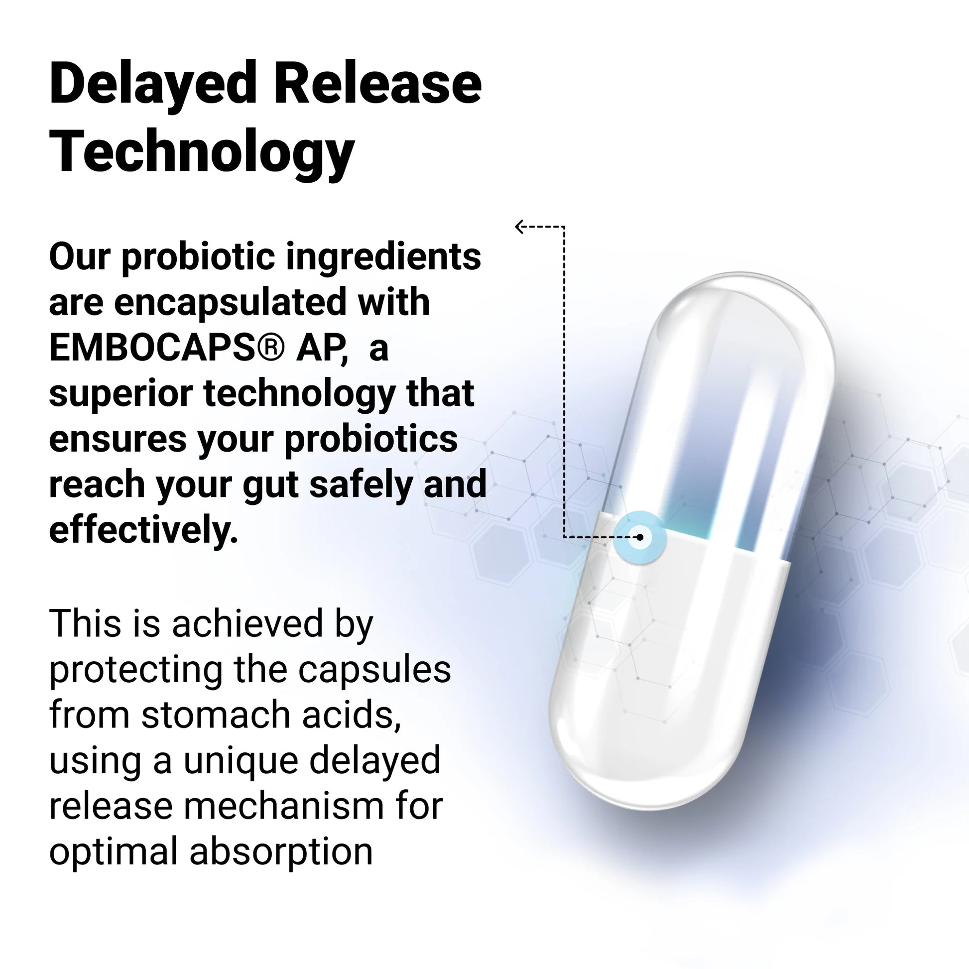 Close-up of capsule pill with text: "Delayed Release Technology. Our probiotic ingredients are encapsulated with EMBOCAPS A-P, a superior technology that ensures your probiotics reach your gut safely and effectively. This is achieved by protecting the capsules from stomach acids, using a unique delayed release mechanism for optimal absorption."