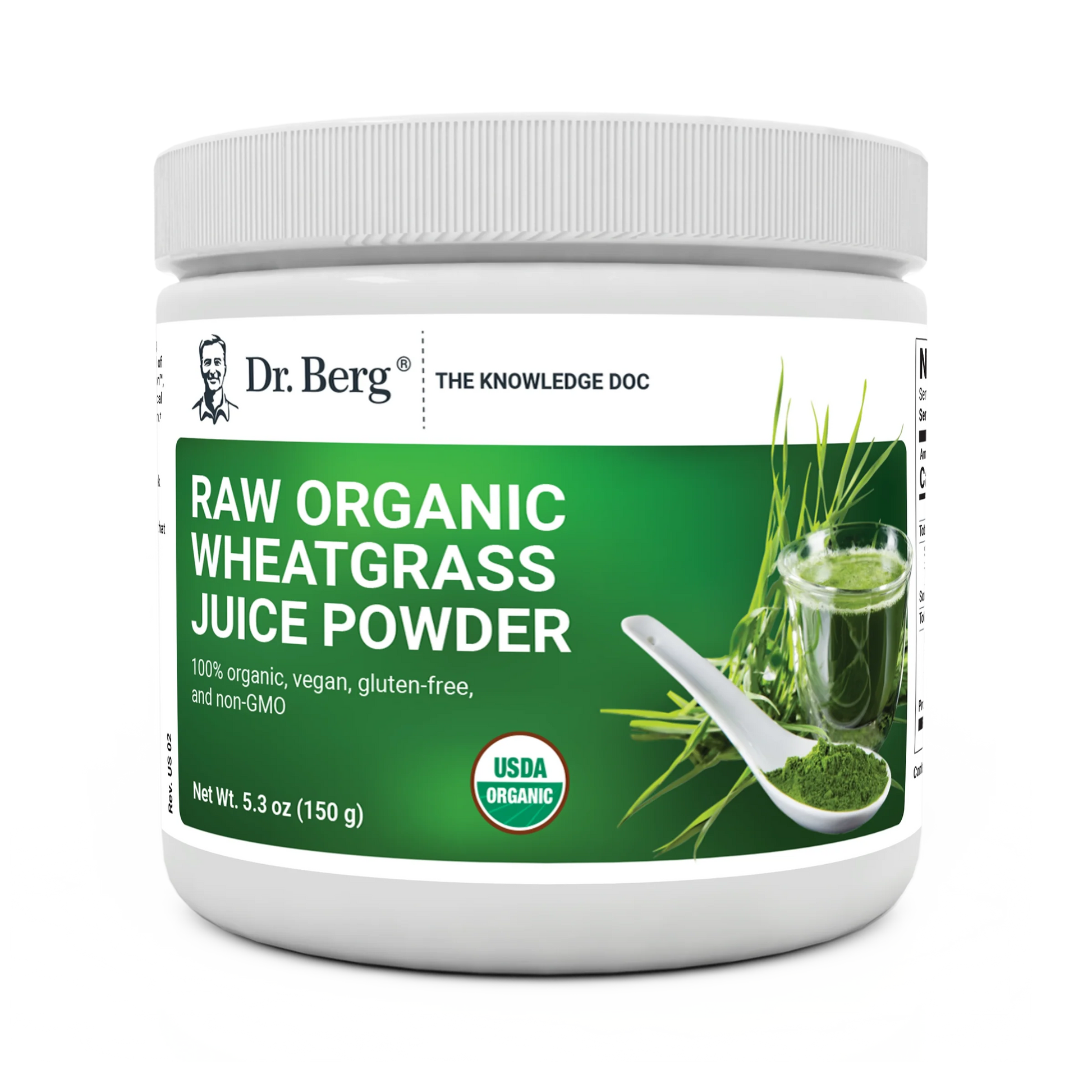 Raw Organic Wheatgrass Juice Powder, 5.3 ounces, front view, bottle with Dr. Berg branding, scoop of powder, glass of juice on cover.