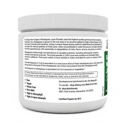 Raw Organic Wheatgrass Juice Powder bottle label, left side view, raw, vegan, gluten-free, Non-GMO, high in chlorophyll, high in trace minerals.