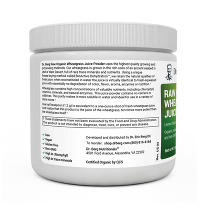 Raw Organic Wheatgrass Juice Powder Lemon Flavor bottle label, left side view, raw, vegan, gluten-free, Non-GMO, high in chlorophyll, high in trace minerals.