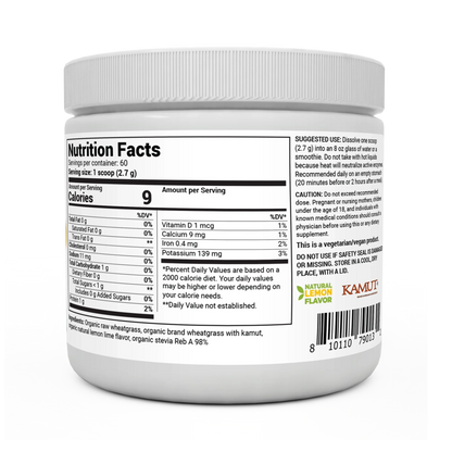 Raw Organic Wheatgrass Juice Powder Lemon Flavor bottle label, right side view, supplement facts and suggested use. 