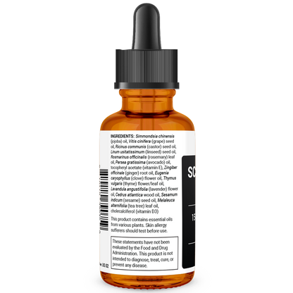 Scalp and Hair Serum bottle label, left side view, ingredient list, safety warnings.