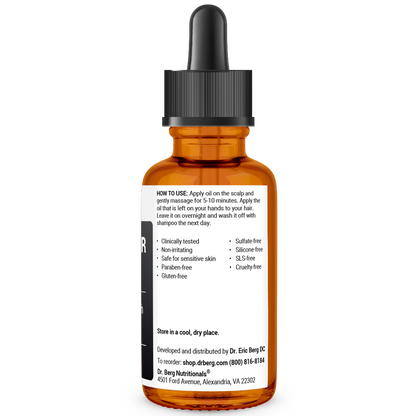 Scalp and Hair Serum bottle label, right side view, instructions for use.