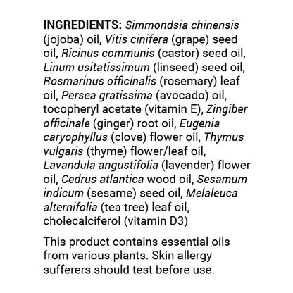 Scalp and Hair Serum bottle label, full ingredient list.