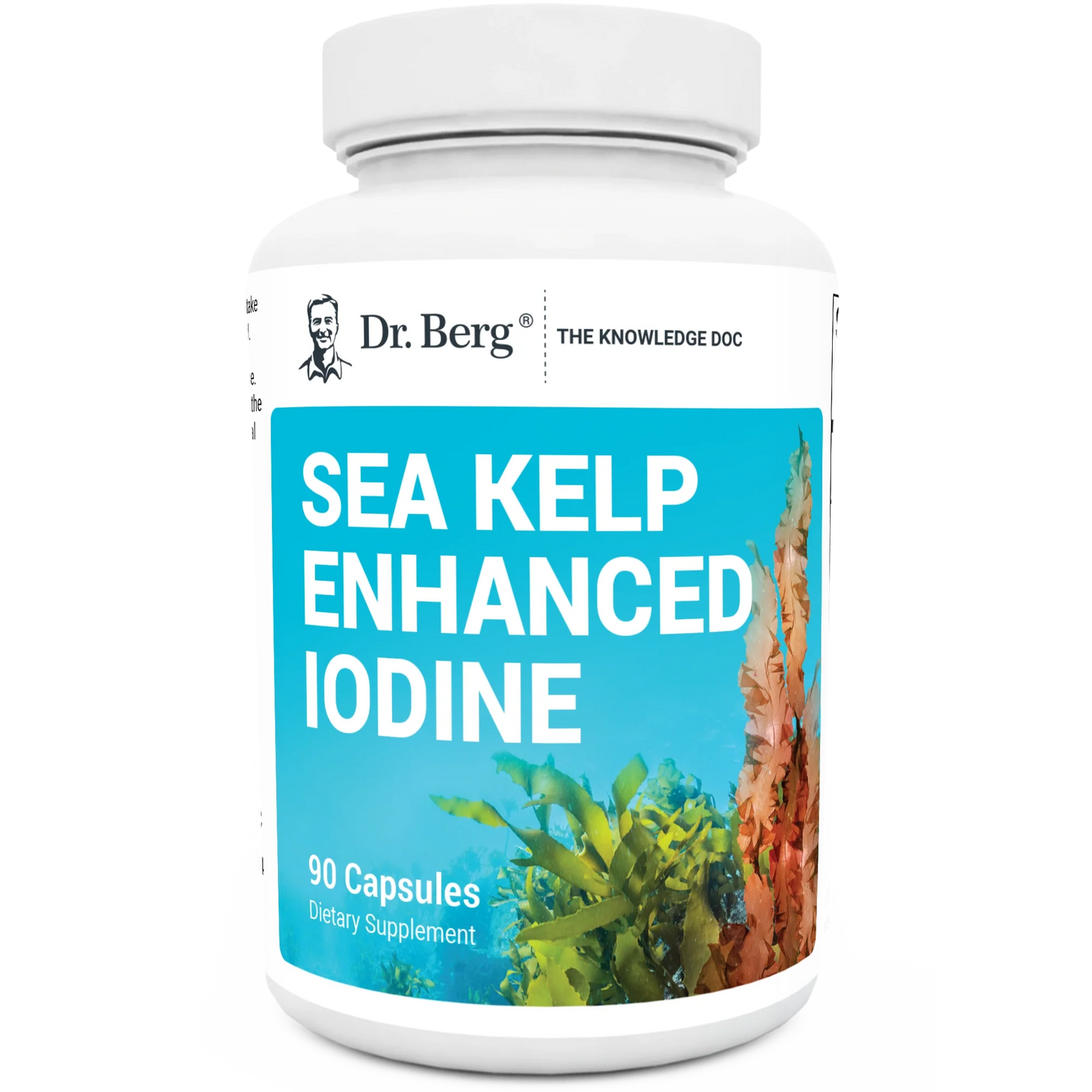 Sea Kelp Enhanced Iodine, 90 capsules, front view, bottle with Dr. Berg branding and seaweeds on the cover.