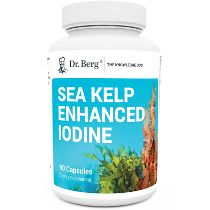 Sea Kelp Enhanced Iodine, 90 capsules, front view, bottle with Dr. Berg branding and seaweeds on the cover.