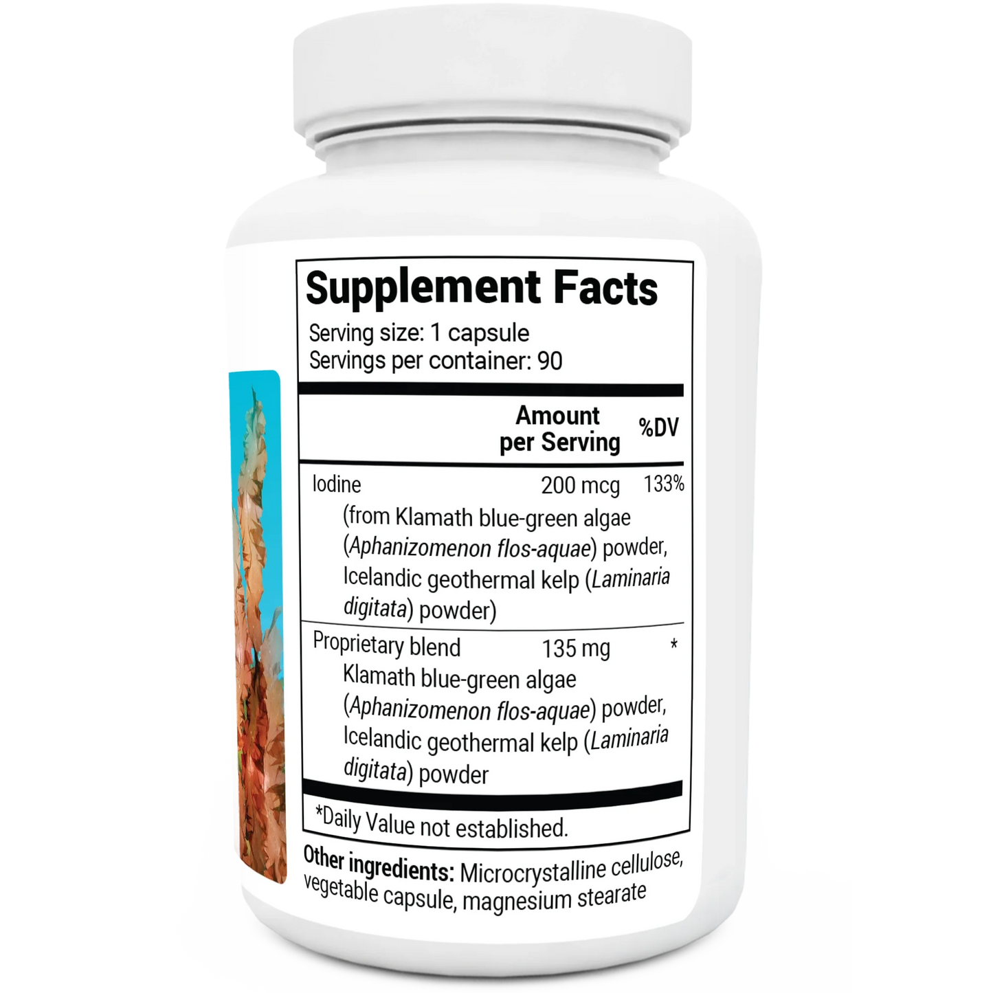 Sea Kelp Enhanced Iodine bottle label, right side view, supplement facts. 