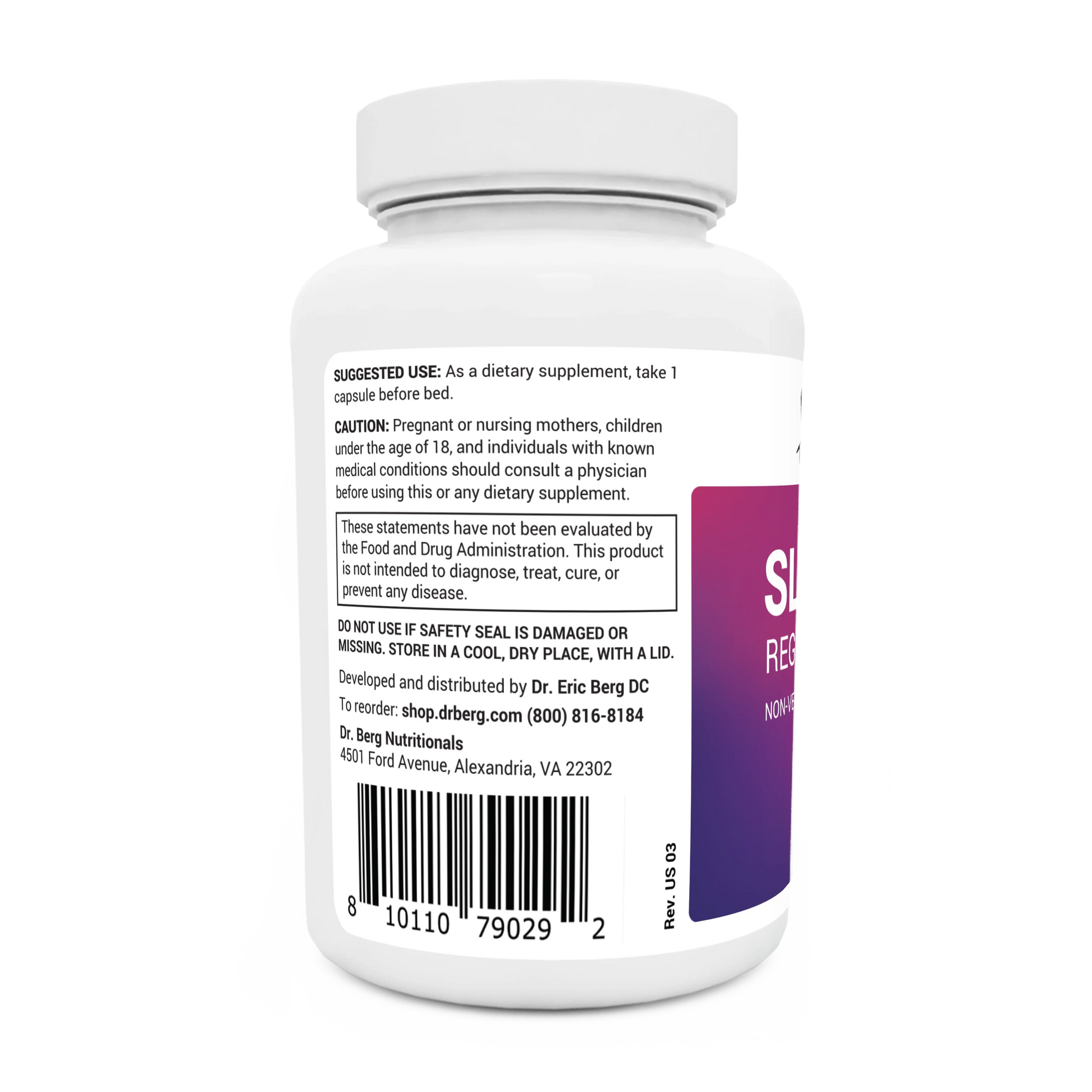 Sleep Aid Regular Formula bottle label, left side view, suggested use instructions, safety warning details.