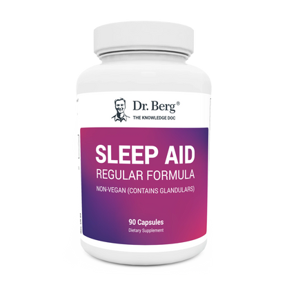 Sleep Aid Regular Formula, 90 capsules, Non-Vegan (Contains Glandulars), front view, bottle with Dr. Berg branding.