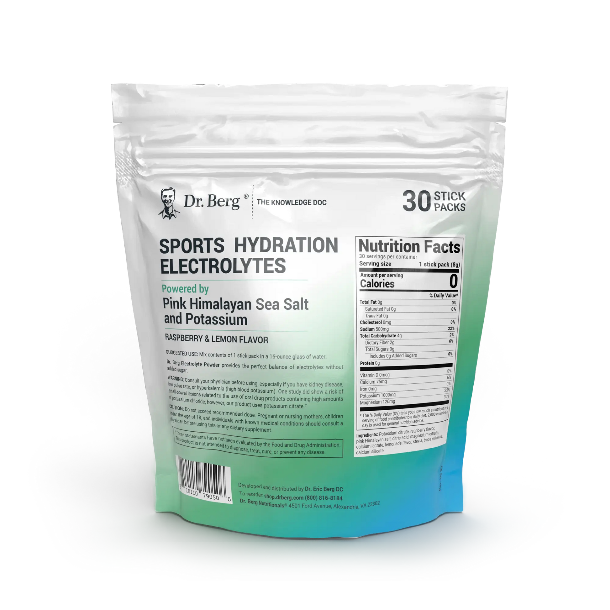 Sports Hydration Electrolytes, back view of label showing nutrition facts, suggested use instructions, and safety warnings.