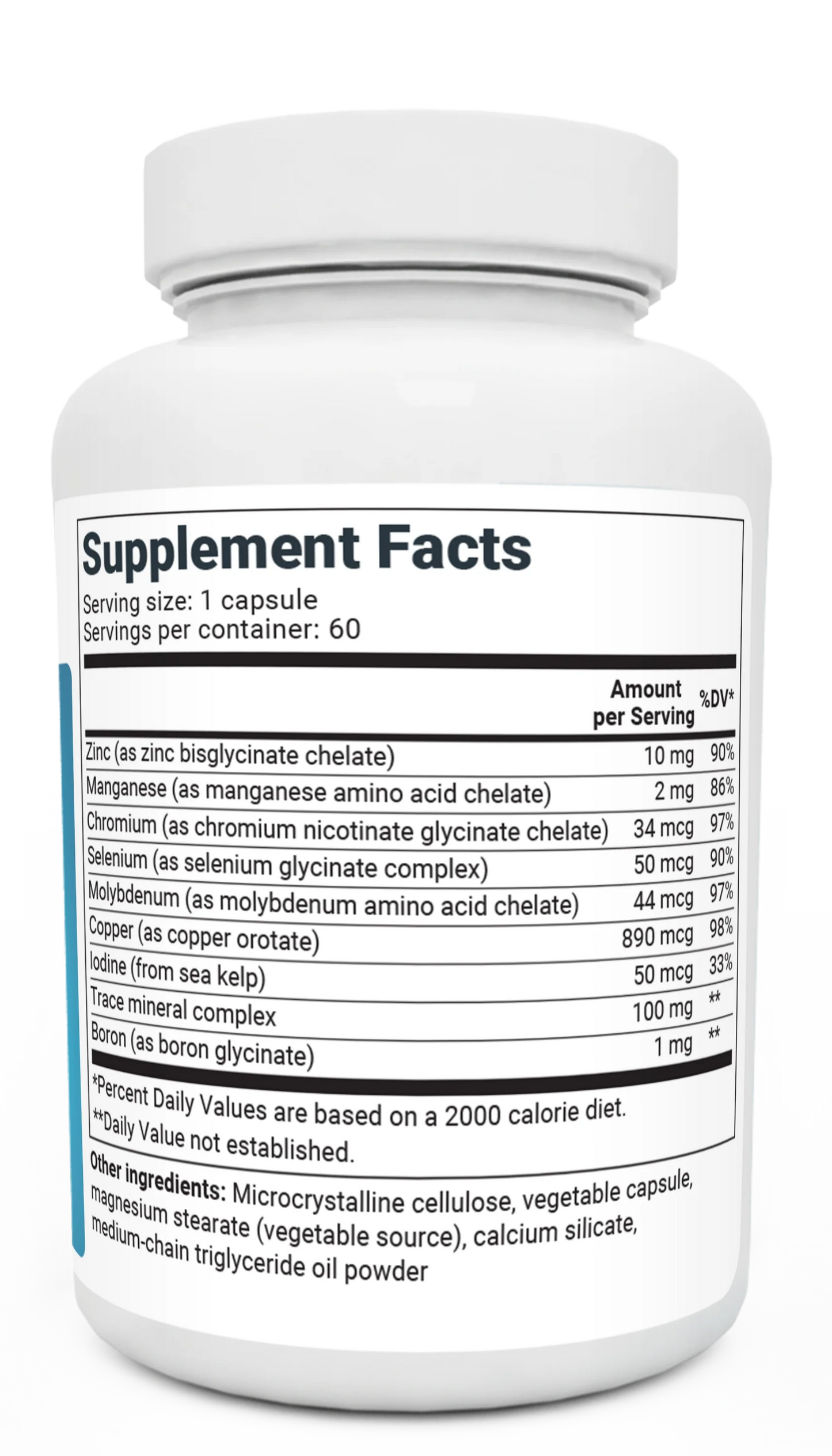 Trace Minerals Enhanced bottle label, right side view, supplement facts. 