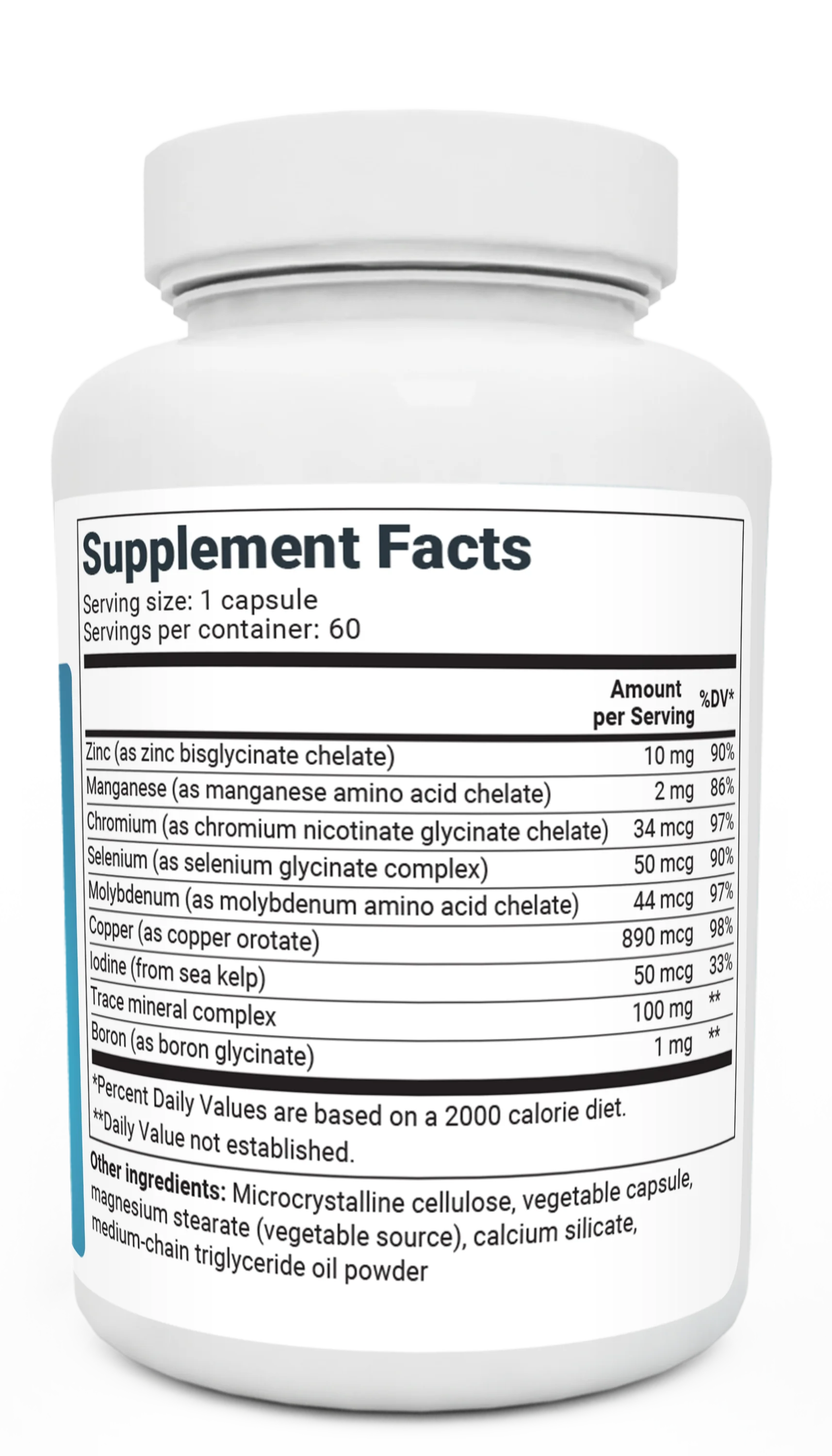 Trace Minerals Enhanced bottle label, right side view, supplement facts. 