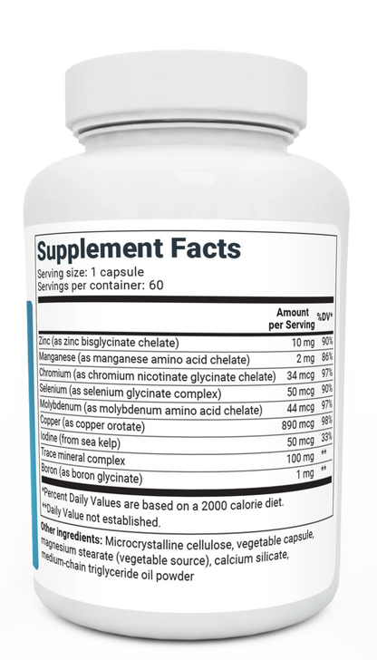 Trace Minerals Enhanced bottle label, right side view, supplement facts. 