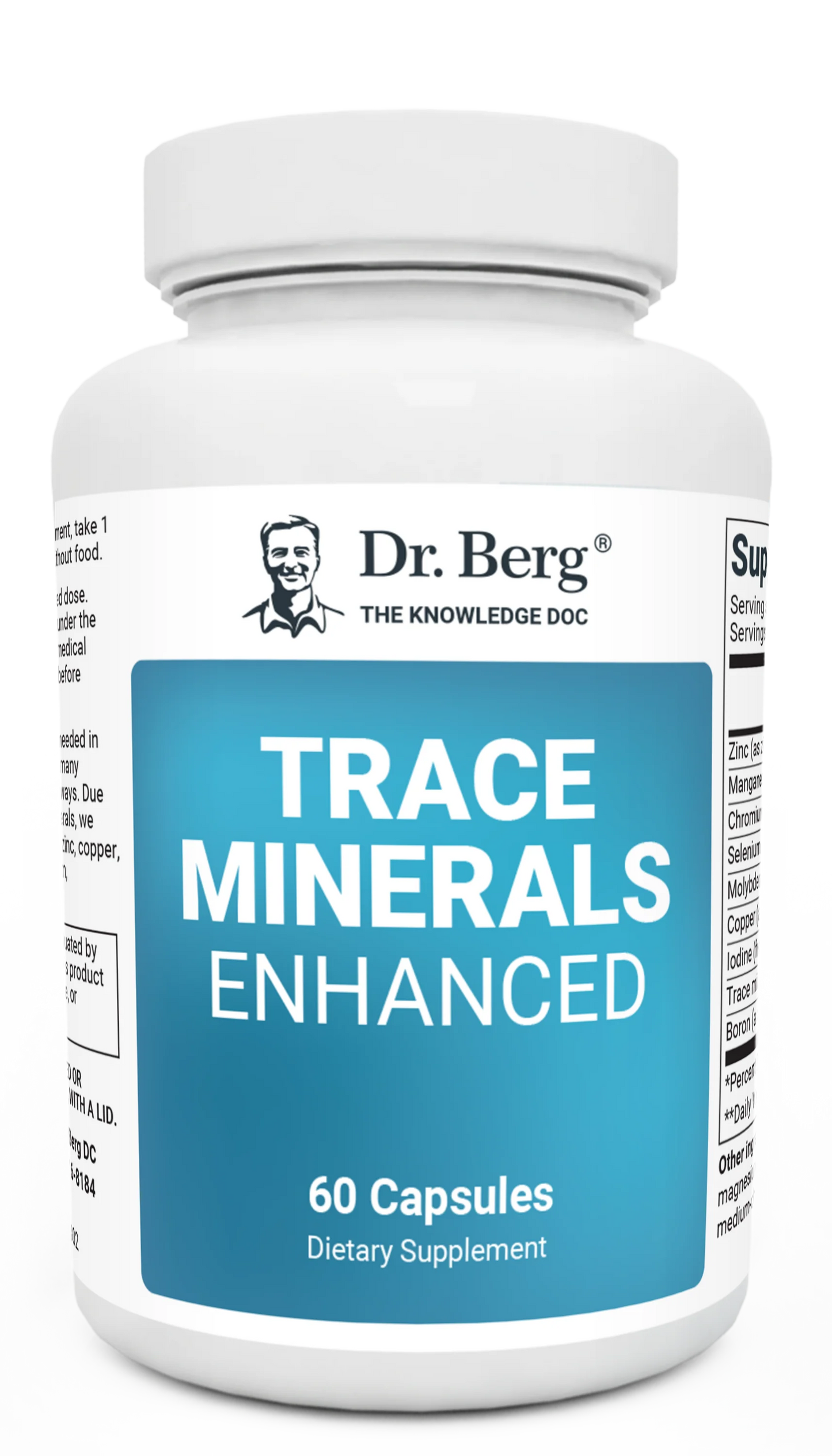 Trace Minerals Enhanced, 60 capsules, front view, bottle with Dr. Berg branding.