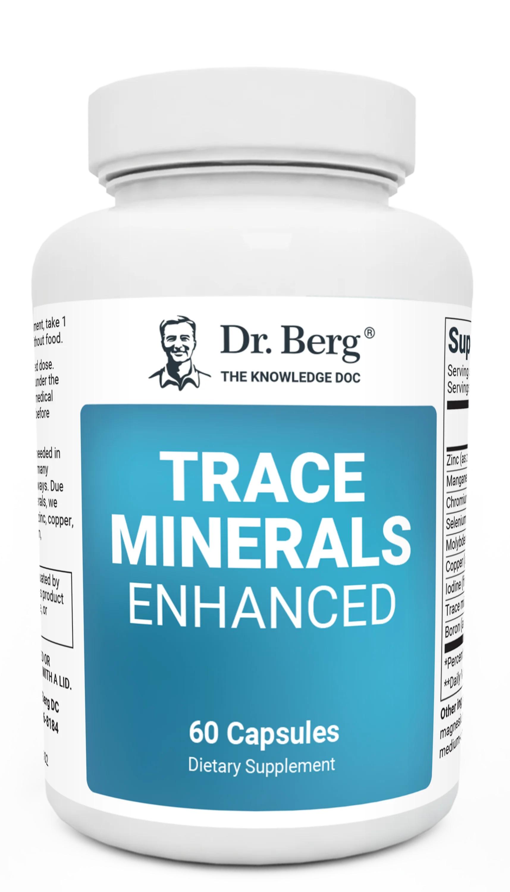 Trace Minerals Enhanced, 60 capsules, front view, bottle with Dr. Berg branding.