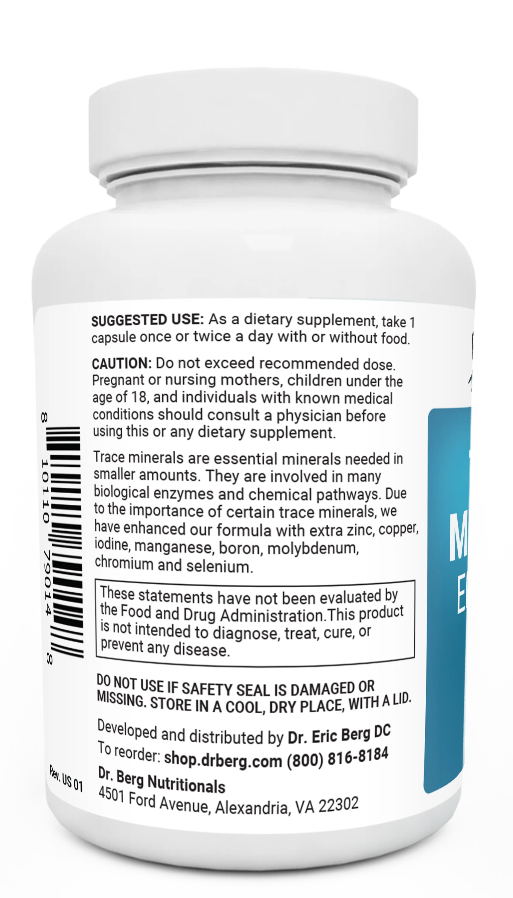 Trace Minerals Enhanced bottle label, left side view, suggested use instructions, safety warning details.