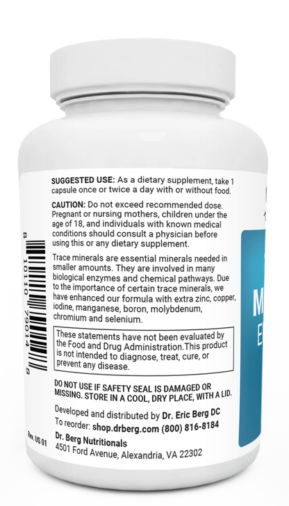 Trace Minerals Enhanced bottle label, left side view, suggested use instructions, safety warning details.