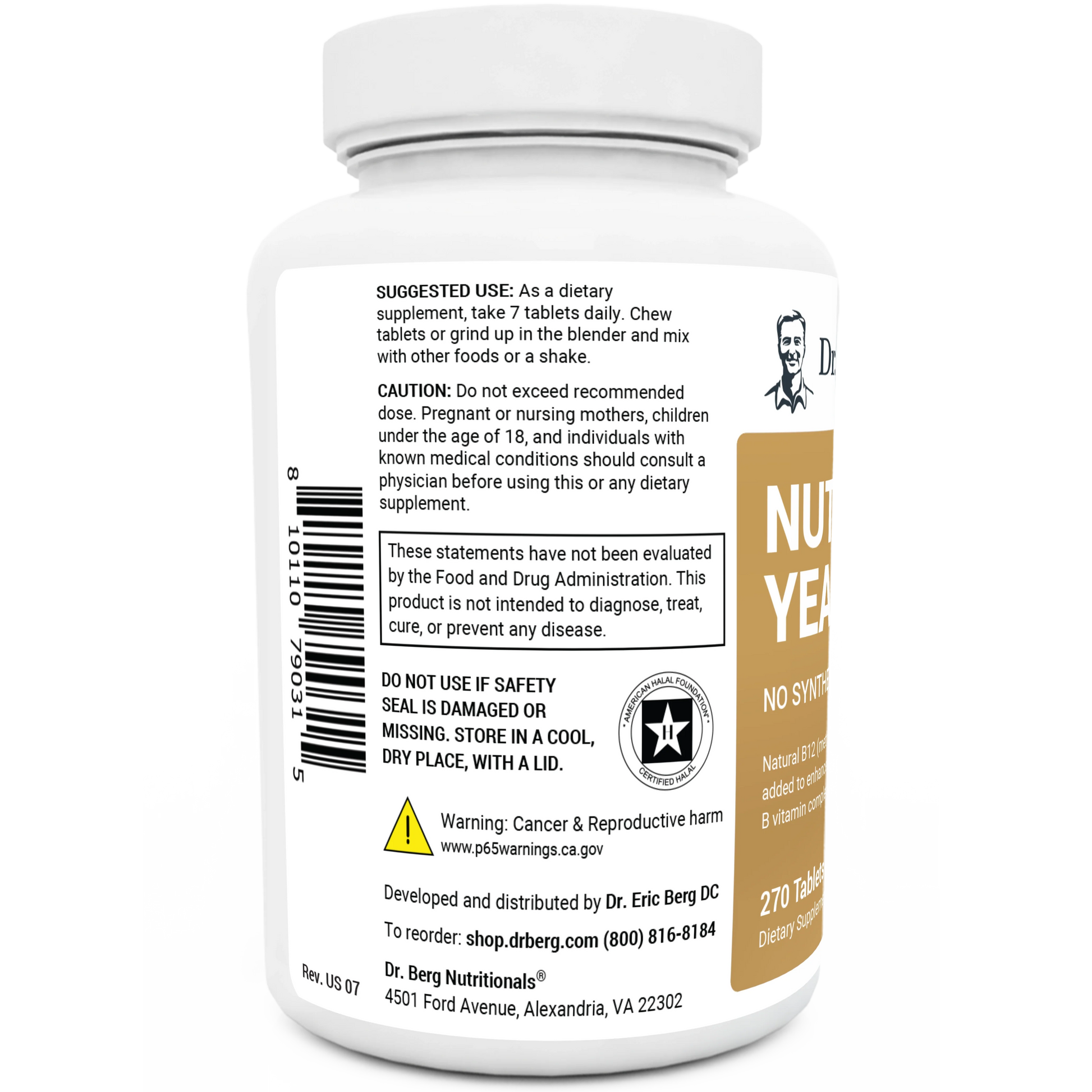 Nutritional Yeast Tablets bottle label, left side view, suggested use instructions, safety warning details.
