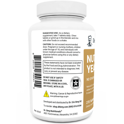 Nutritional Yeast Tablets bottle label, left side view, suggested use instructions, safety warning details.
