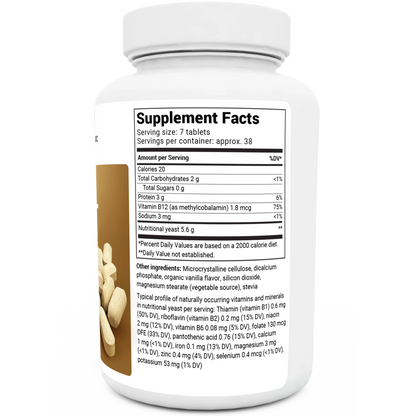 Nutritional Yeast Tablets bottle label, right side view, supplement facts. 