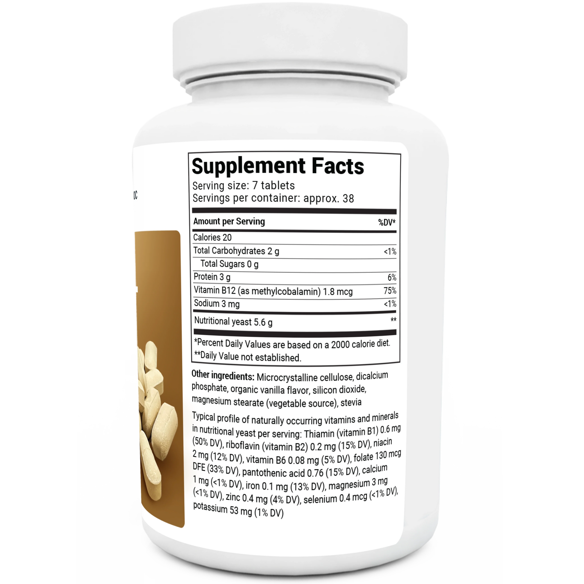 Nutritional Yeast Tablets bottle label, right side view, supplement facts. 