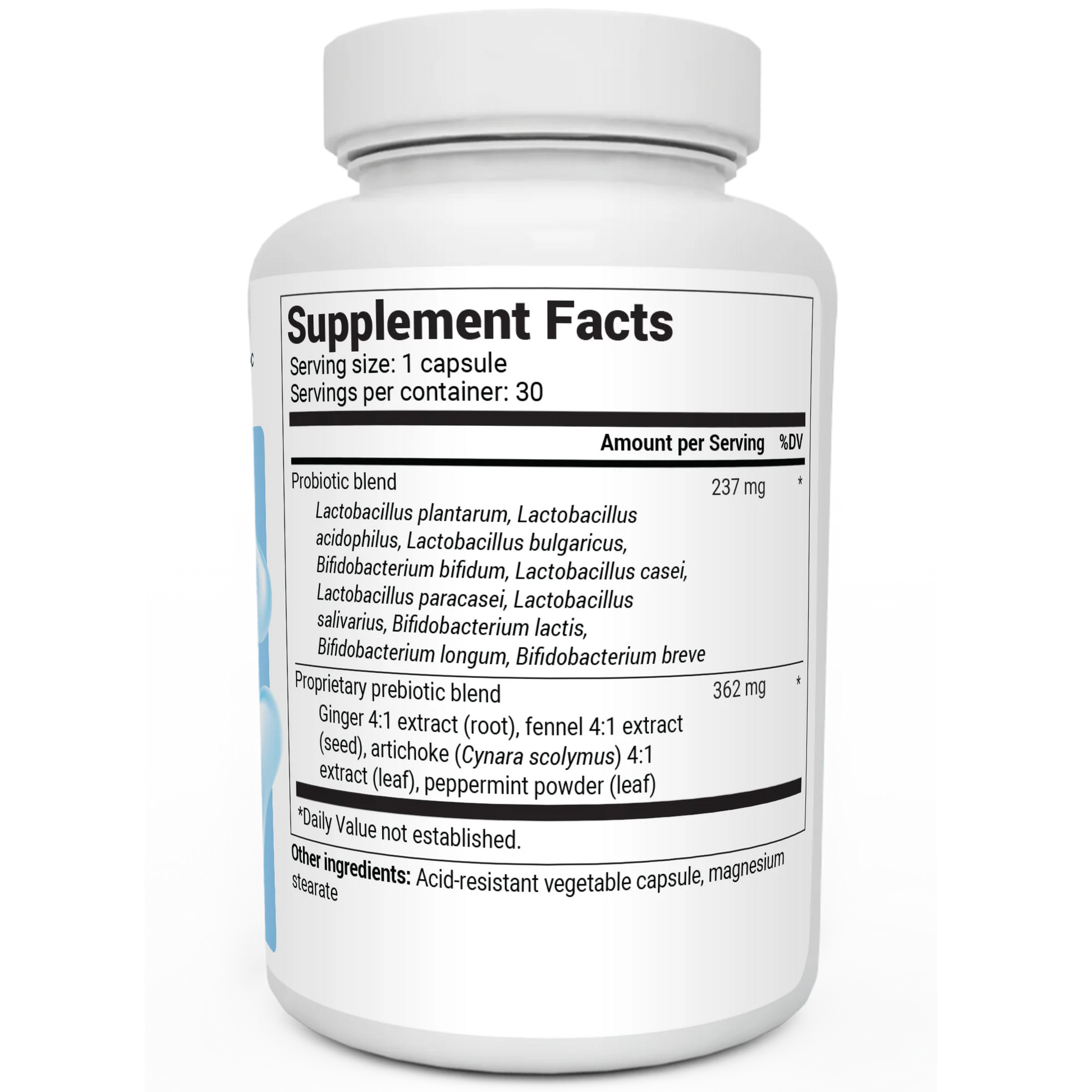 60 Billion Probiotic bottle label, right side view, supplement facts. 