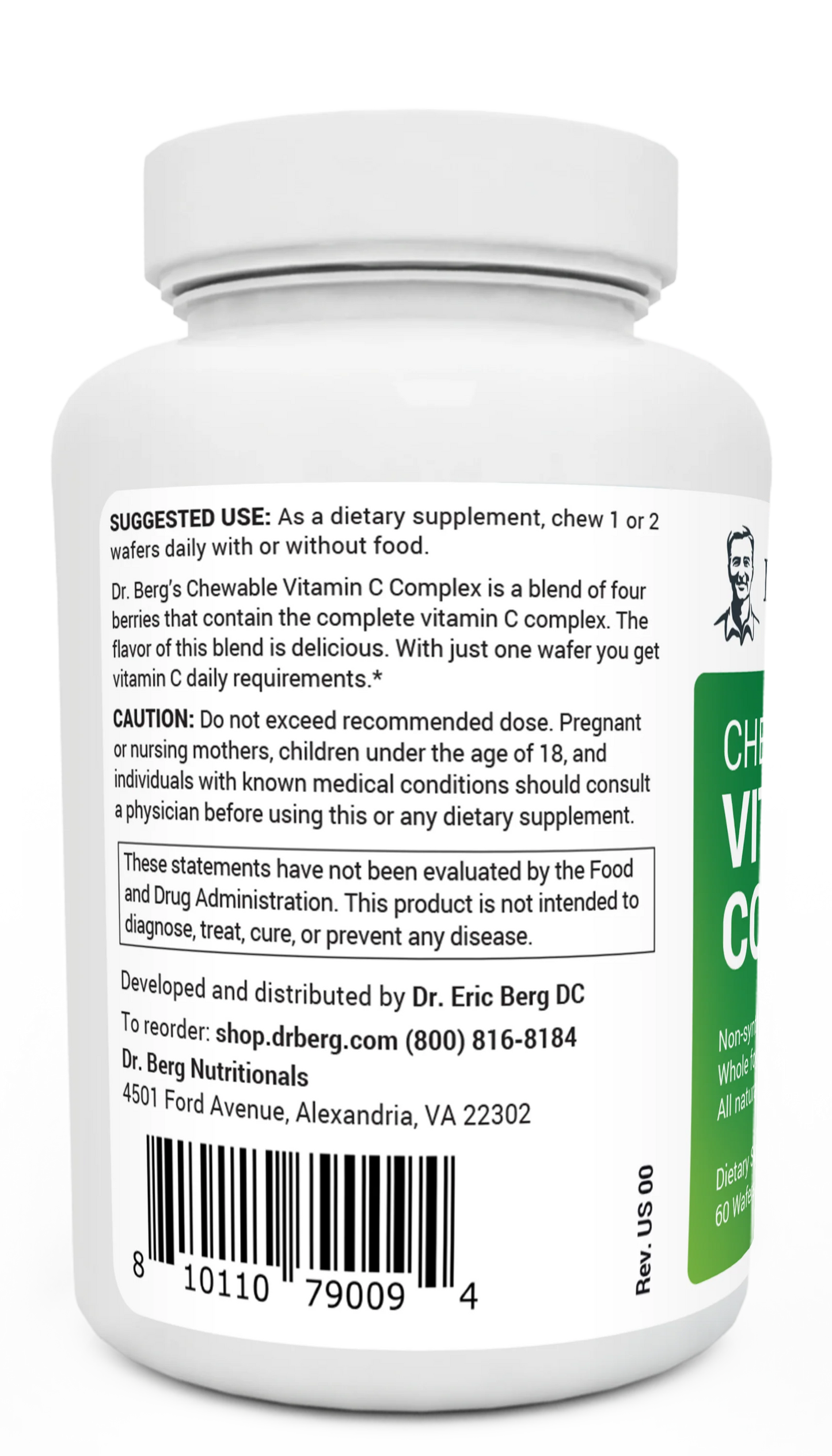 Chewable Vitamin C Complex bottle label, left side view, suggested use instructions, safety warning details. 