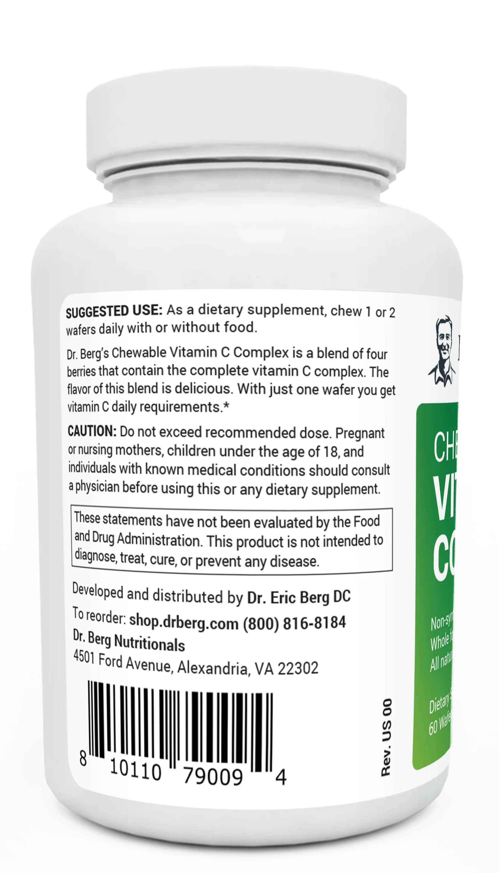 Chewable Vitamin C Complex bottle label, left side view, suggested use instructions, safety warning details. 