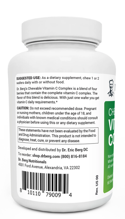 Chewable Vitamin C Complex bottle label, left side view, suggested use instructions, safety warning details. 