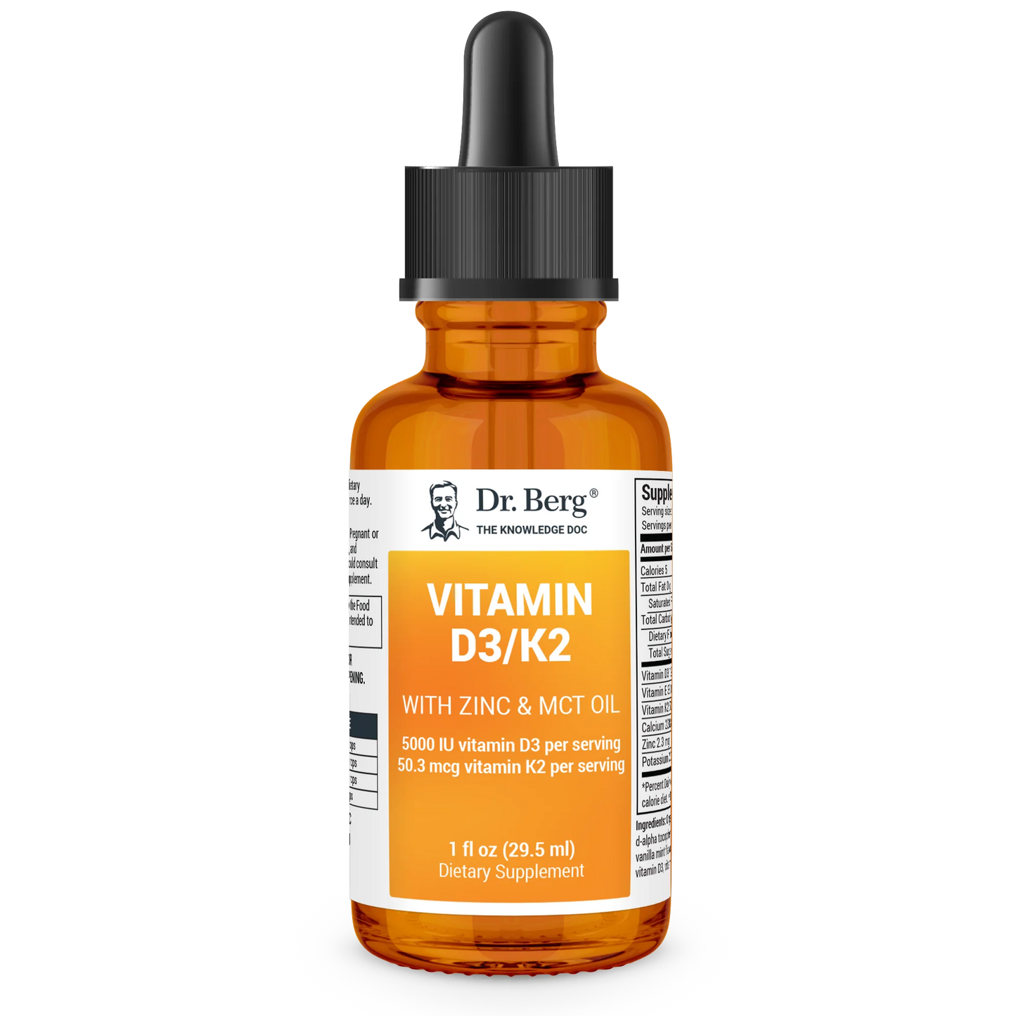 Vitamin D3 and K2 with Zinc & MCT Oil, 1 fluid ounce, front view, glass bottle with dropper, Dr. Berg branding.