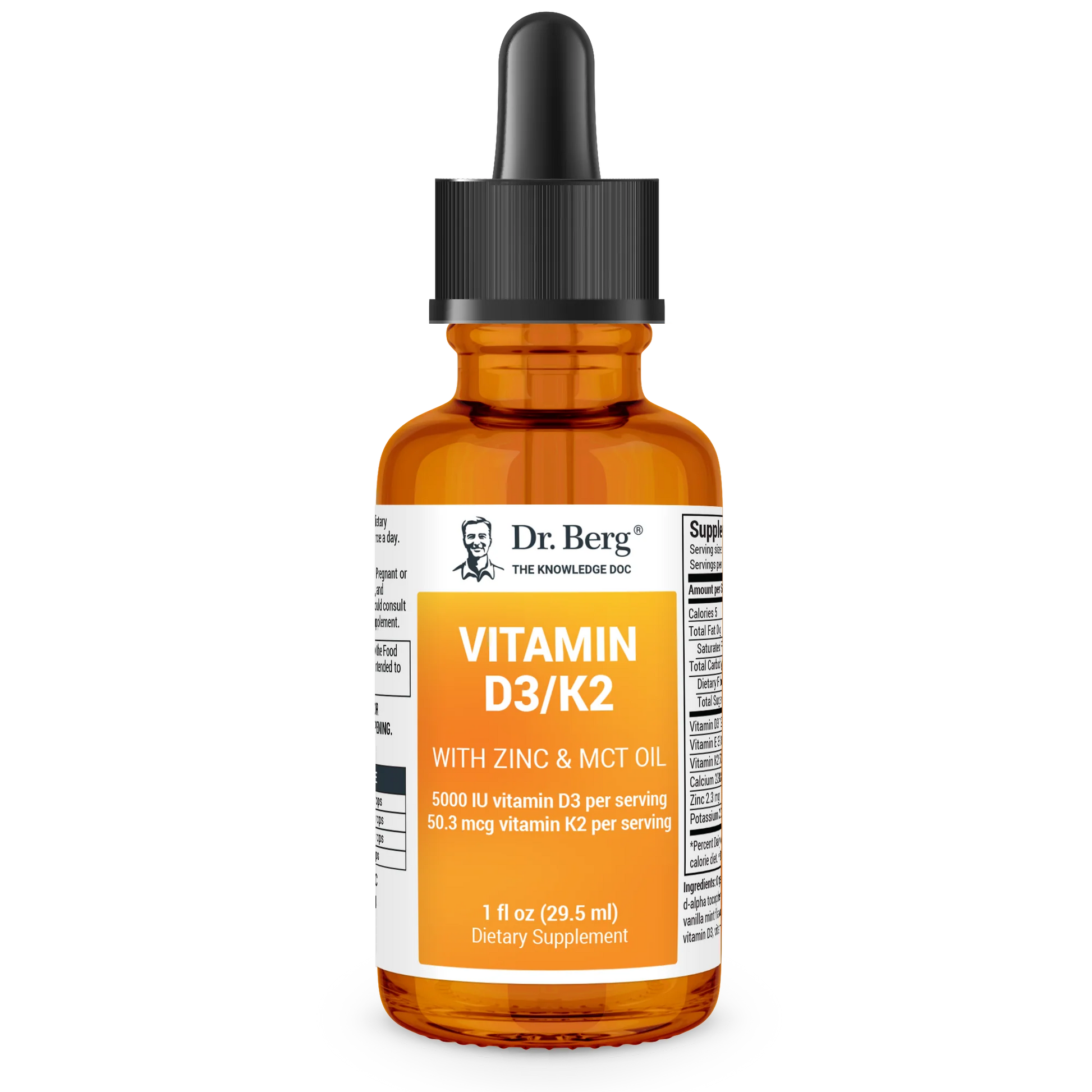 Vitamin D3 and K2 with Zinc & MCT Oil, 1 fluid ounce, front view, glass bottle with dropper, Dr. Berg branding.