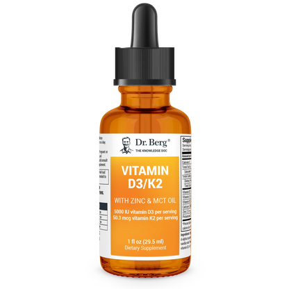 Vitamin D3 and K2 with Zinc & MCT Oil, 1 fluid ounce, front view, glass bottle with dropper, Dr. Berg branding.