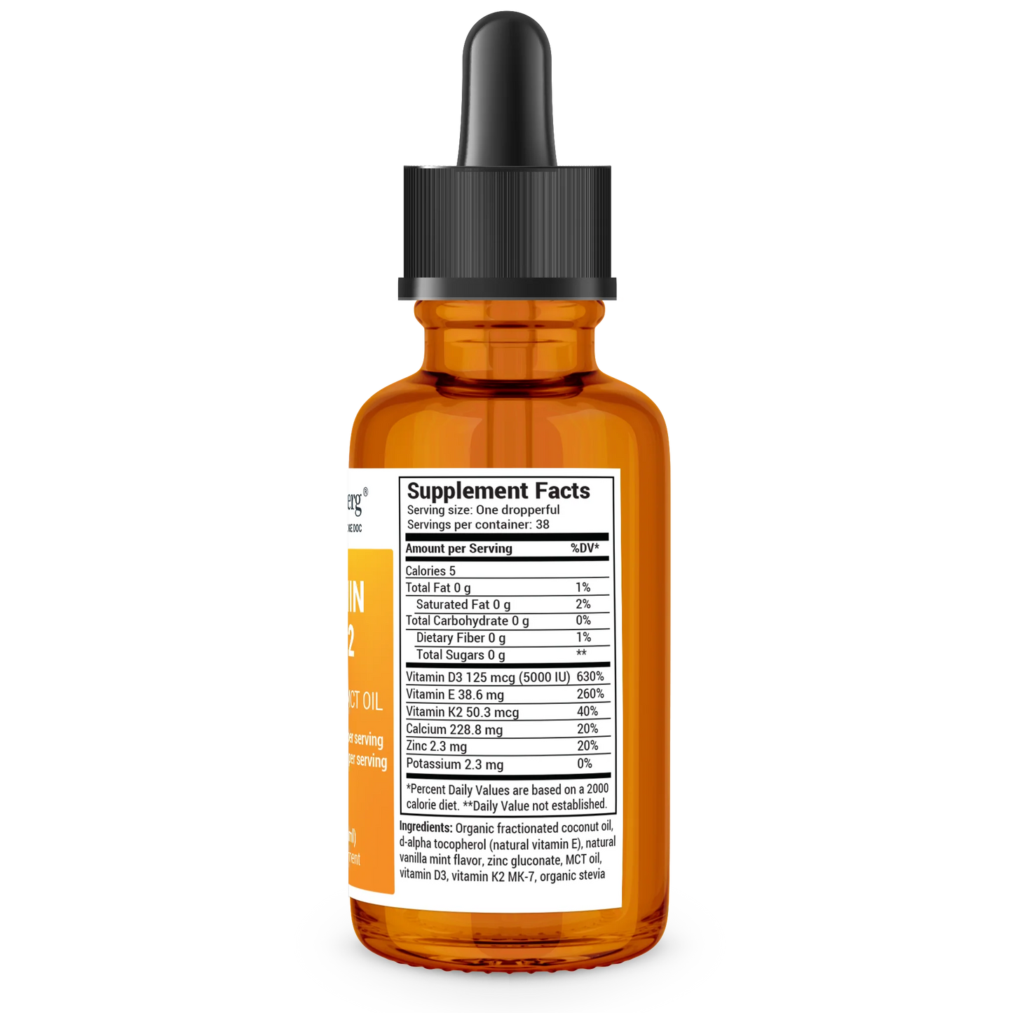 Vitamin D3 and K2 bottle label, right side view, supplement facts. 