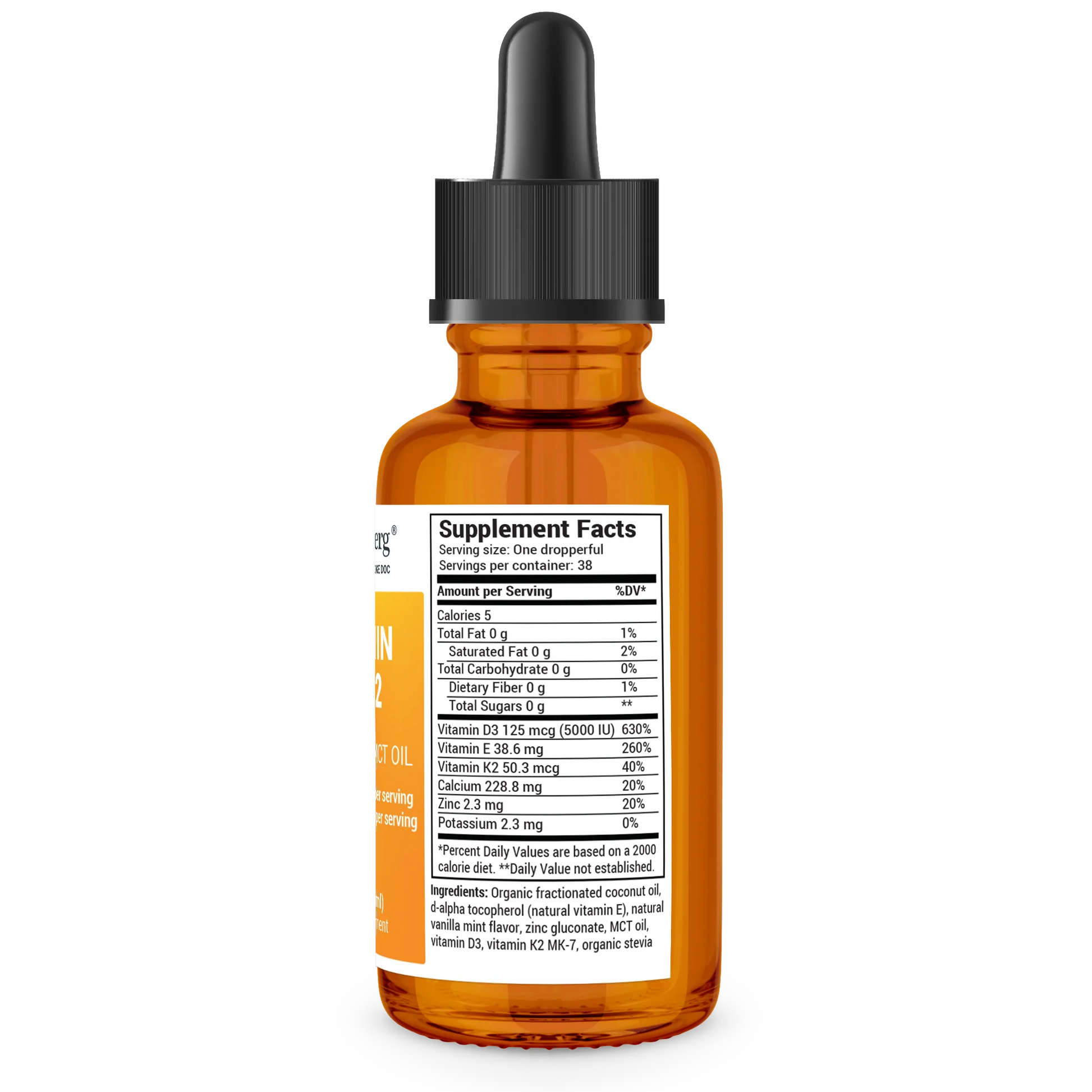 Vitamin D3 and K2 bottle label, right side view, supplement facts. 